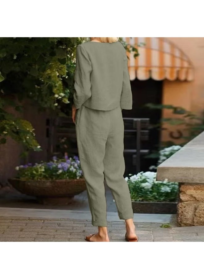 Barbora Linen Casual Waist Belted Women's Two Piece Set Bottom Top LN01HAKI11 - Image 2